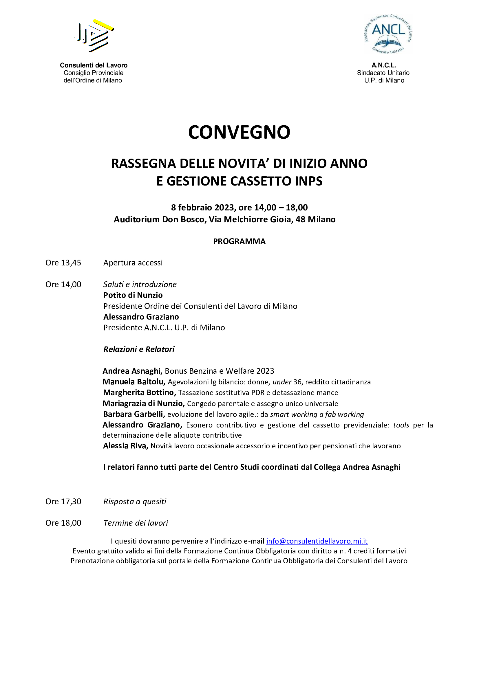 RASSEGNA DELLE NOVITA’ DI INIZIO ANNO  E GESTIONE CASSETTO INPS